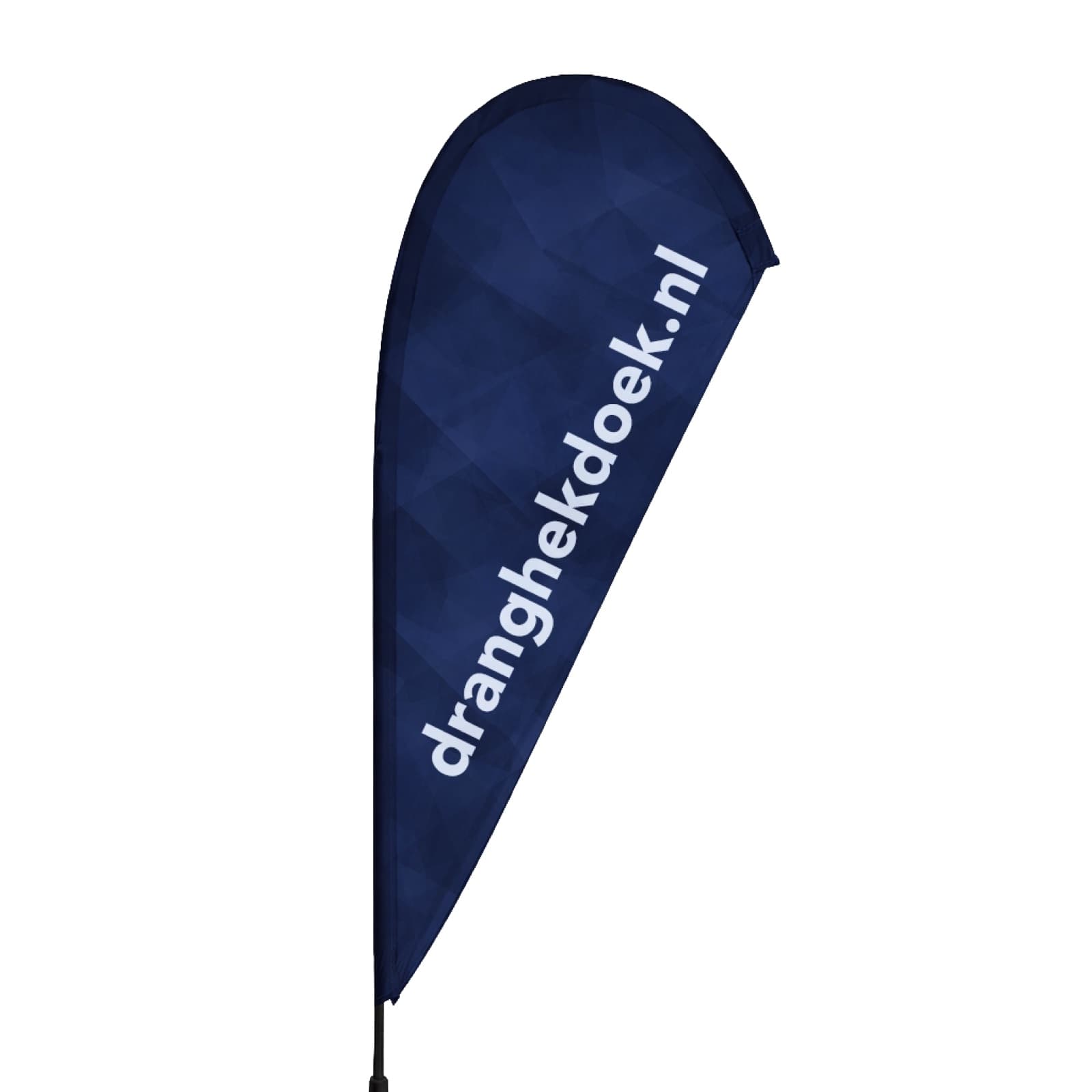 Beachflag drop bedrukt met het logo van Dranghekdoek.nl