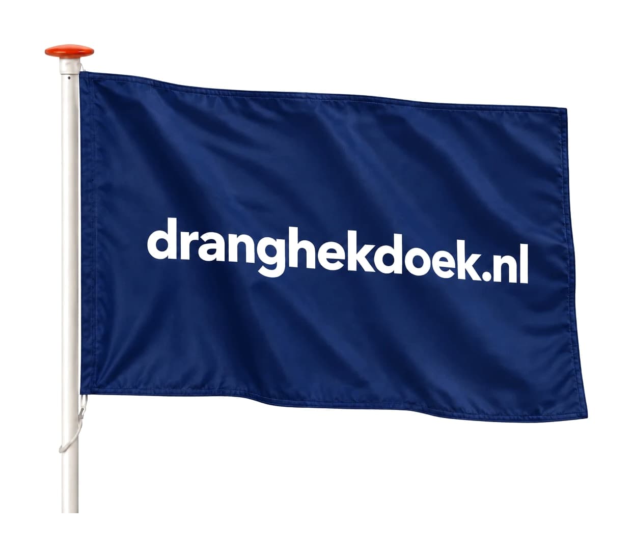 Donkerblauwe vlag met het logo van Dranghekdoek.nl aan een vlaggenmast