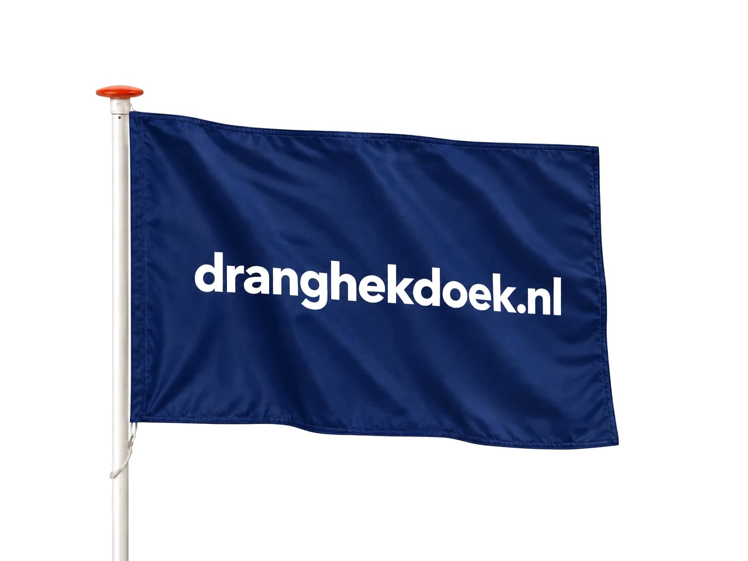 Donkerblauwe vlag met het logo van Dranghekdoek.nl aan een vlaggenmast
